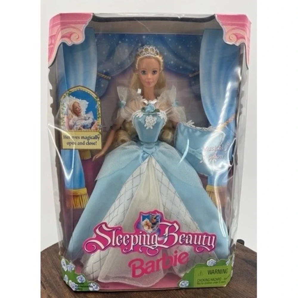 Vintage NEW Mattel 1997 Sleeping Beauty Barbie Doll Blue Gown Musical Pillow